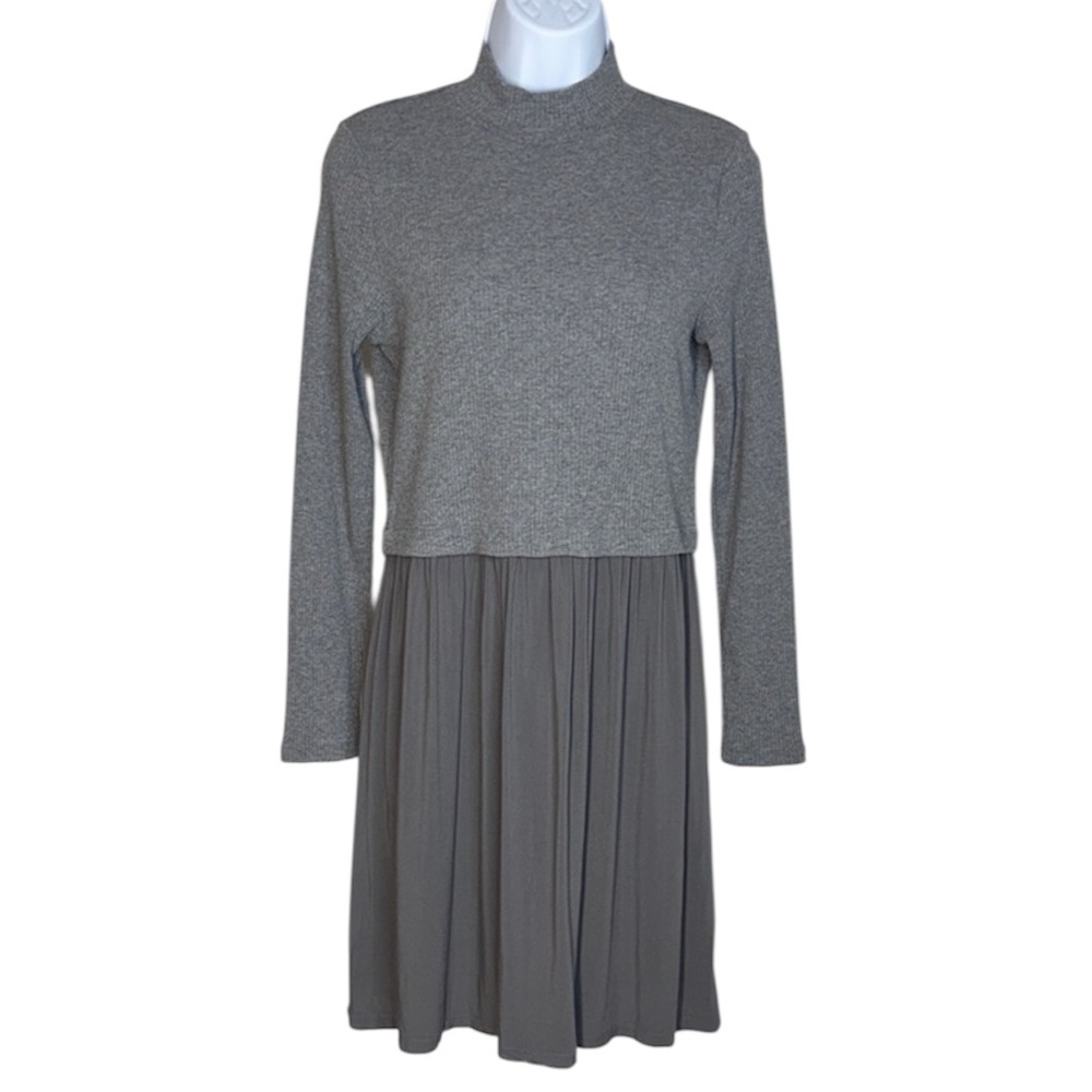 Maurices Mixed Media Gray Contrast Mock Neck Long Sleeve Dress